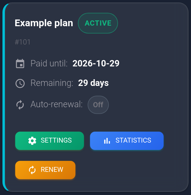 The new example plan #101 is Active and paid until October 29, 2026; Settings opens its controls.