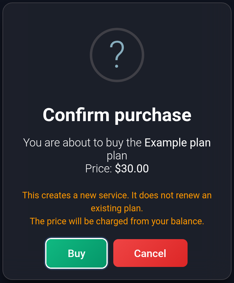 Check Example plan, the USD 30 total, and the new-service notice. Confirm the purchase or select Cancel.