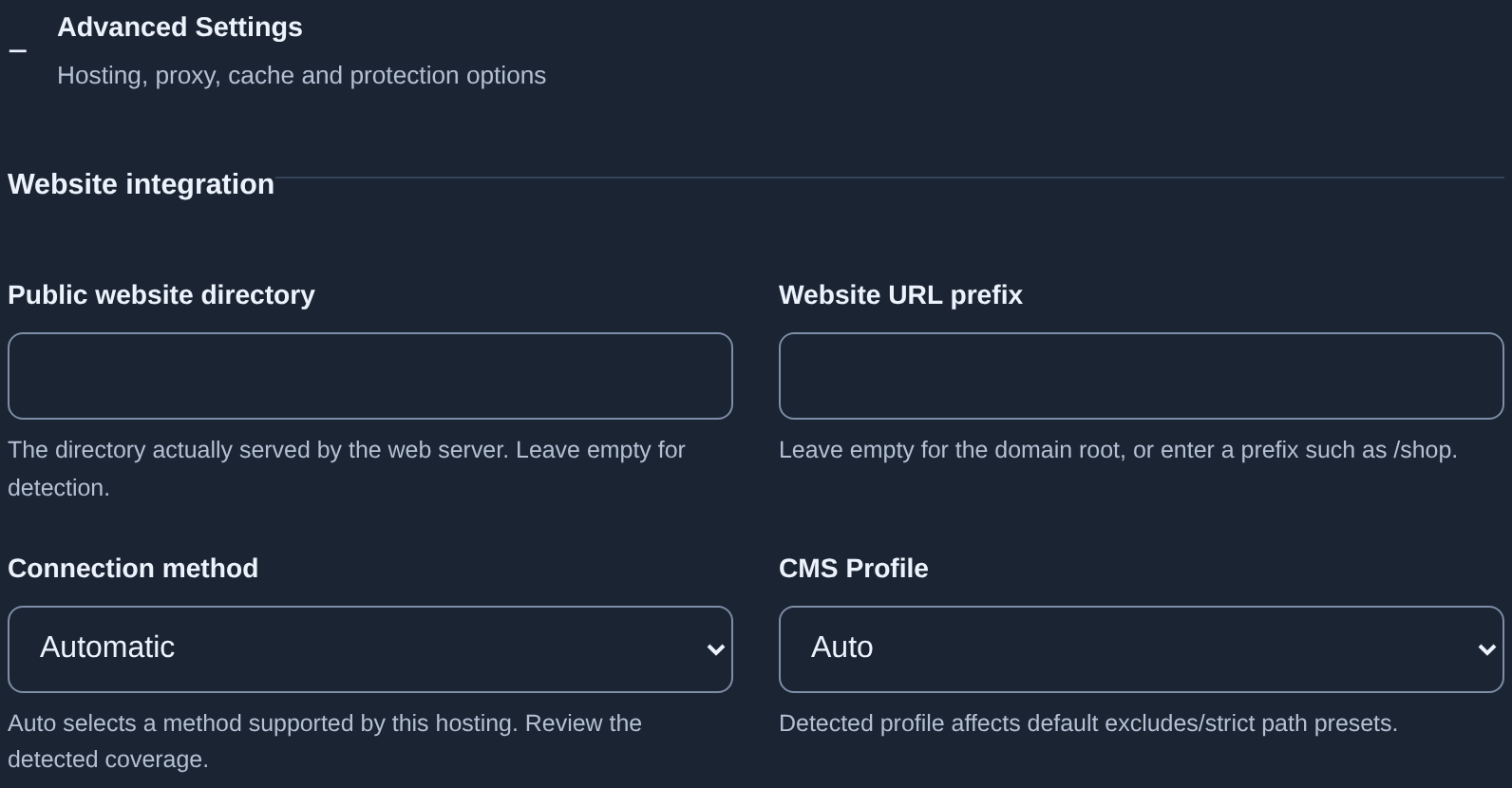 Directory, URL prefix, Automatic method and CMS Profile