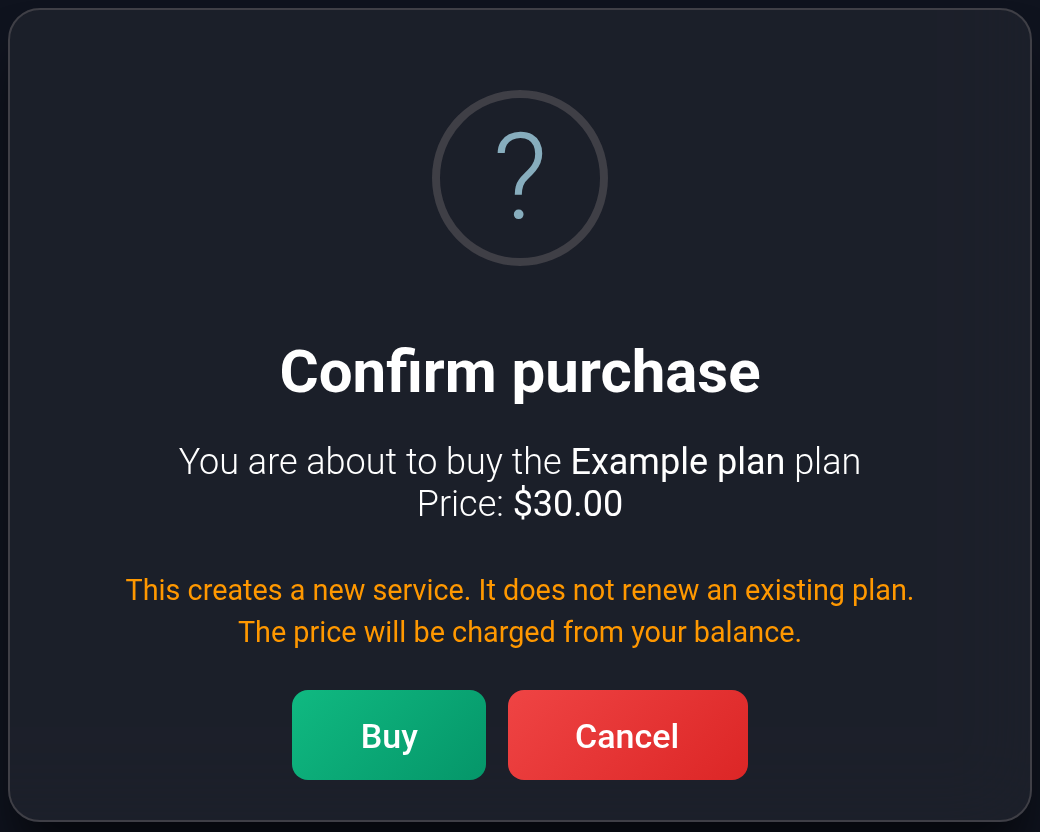 Check Example plan, the USD 30 total, and the new-service notice. Confirm the purchase or select Cancel.