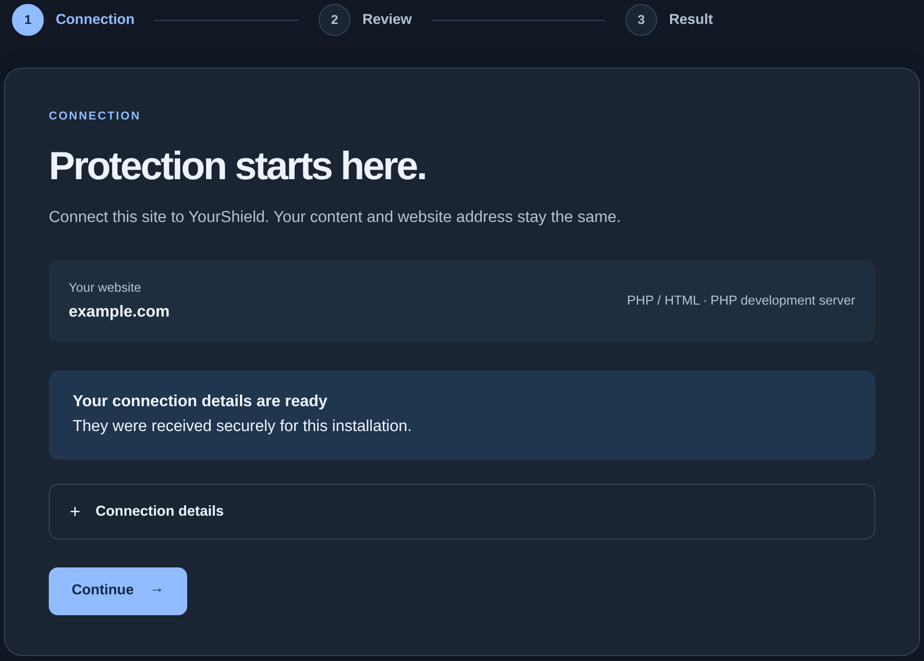 Website example.com and connection details ready