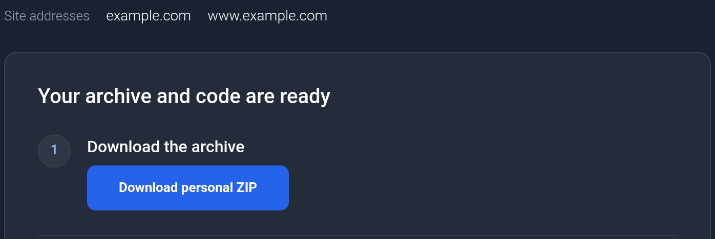 Addresses example.com and Download personal ZIP button