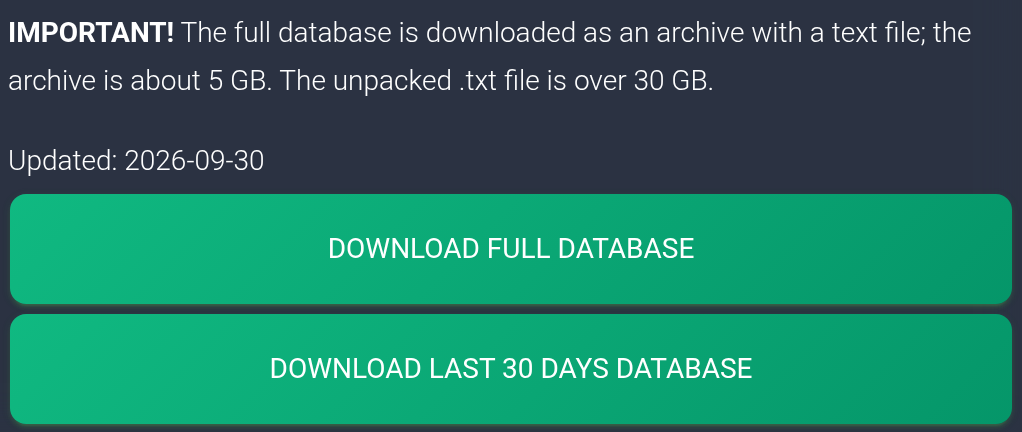 Original full database and last 30 days download buttons with the size warning