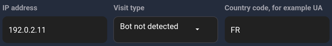 Filters: example IP, Bot not detected and country FR
