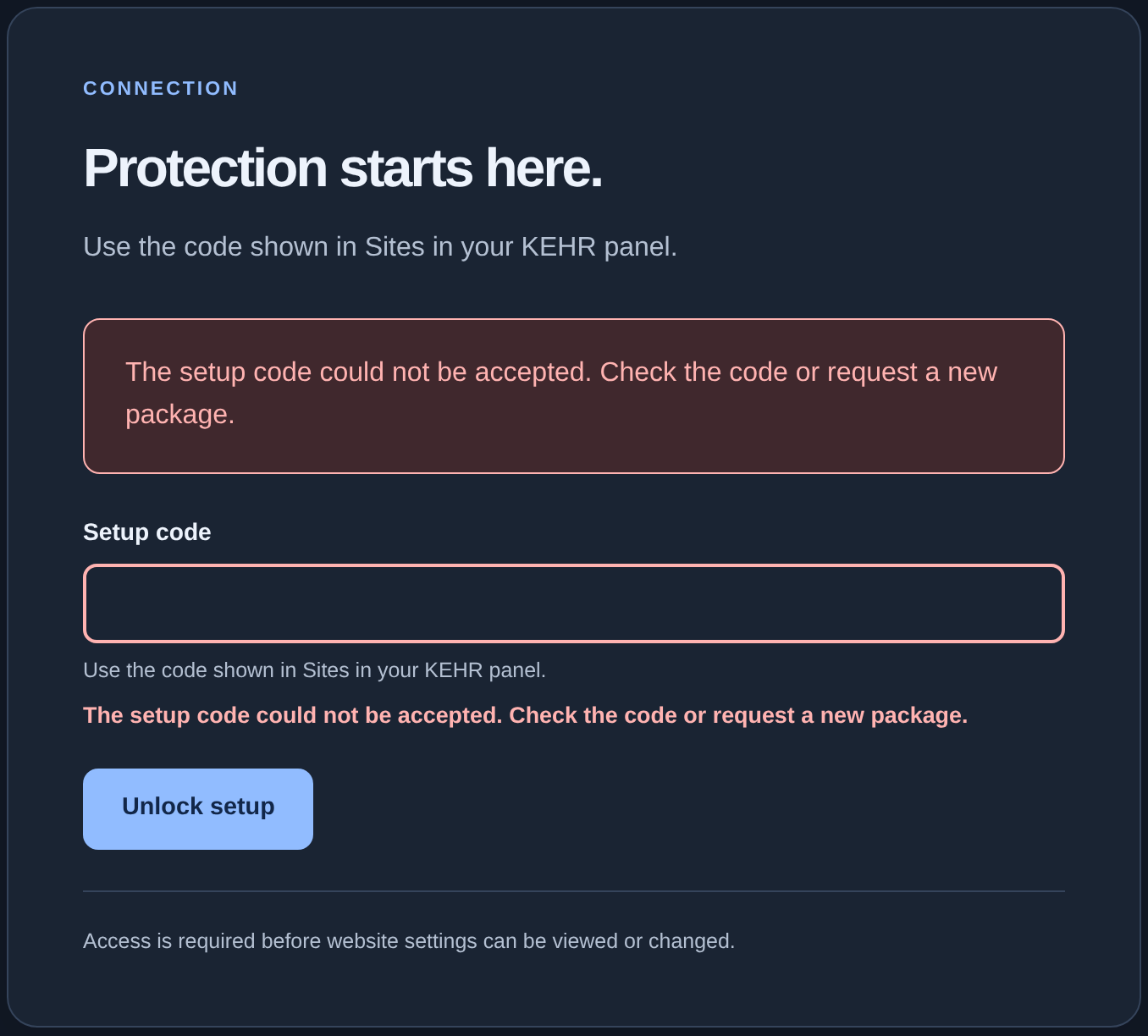 Installer: setup code rejected, field and error message
