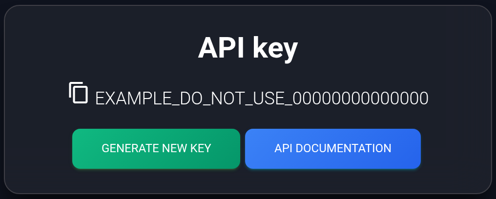 Nonworking example key with its copy icon and replacement button