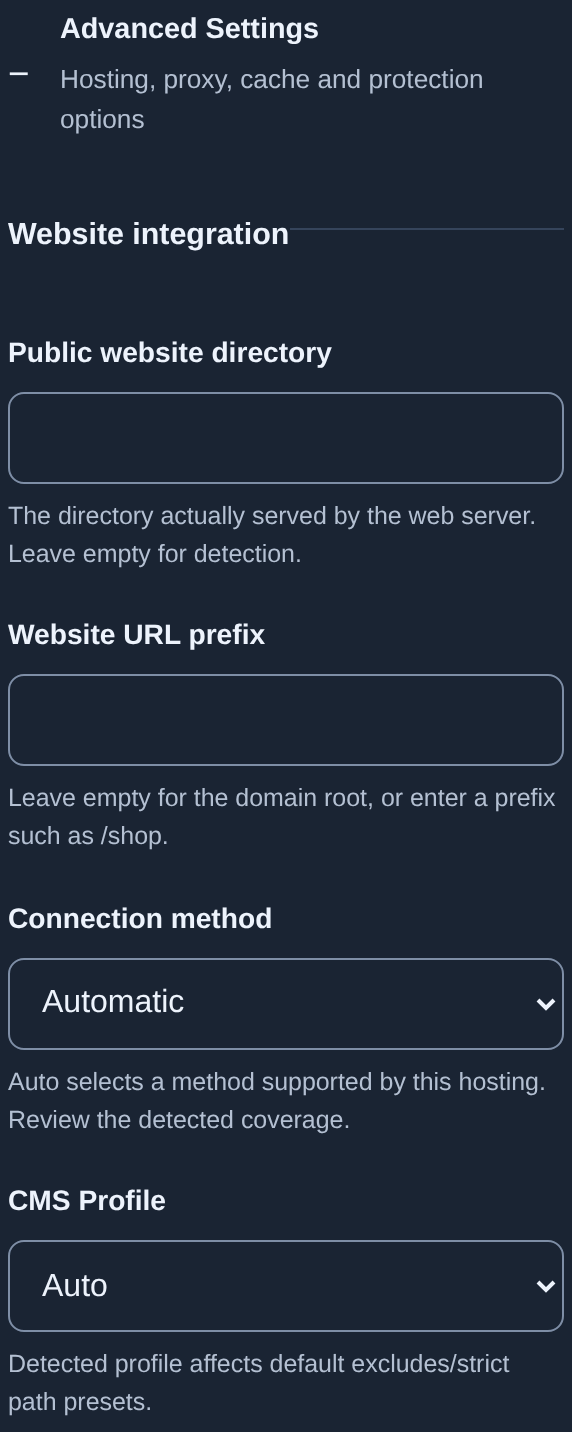 Directory, URL prefix, Automatic method and CMS Profile — mobile view