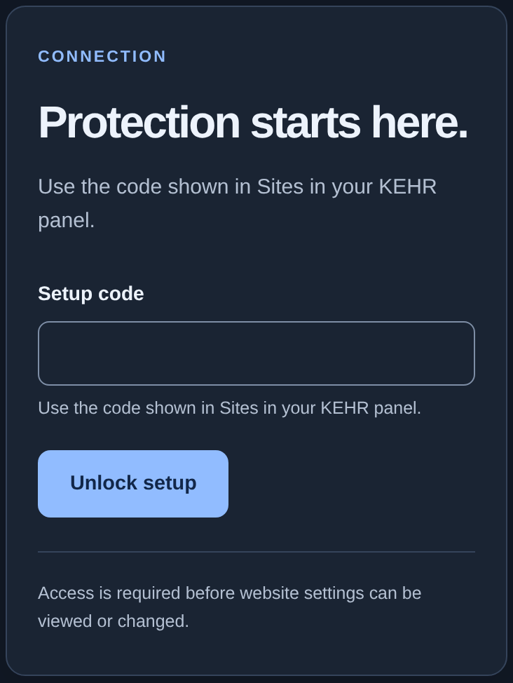 Setup code field in YourShield — mobile view