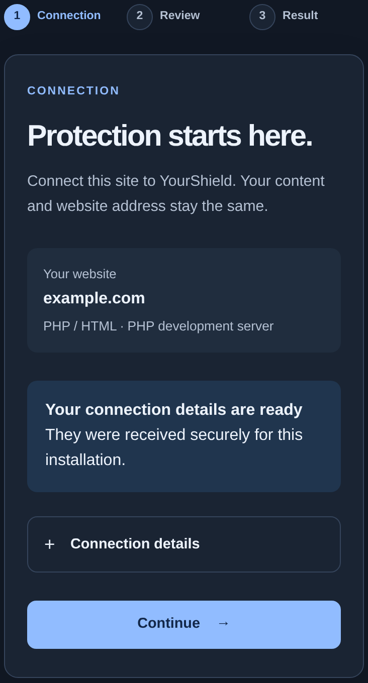 Website example.com and connection details ready — mobile view