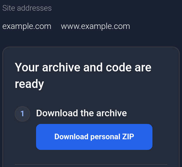 Addresses example.com and Download personal ZIP button — mobile view