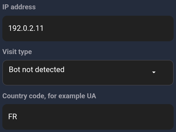 Filters: example IP, Bot not detected and country FR
