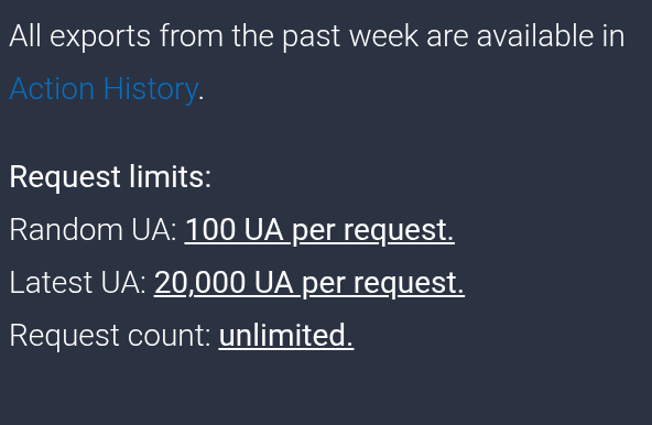 Current User-Agent retrieval limits and Action History link