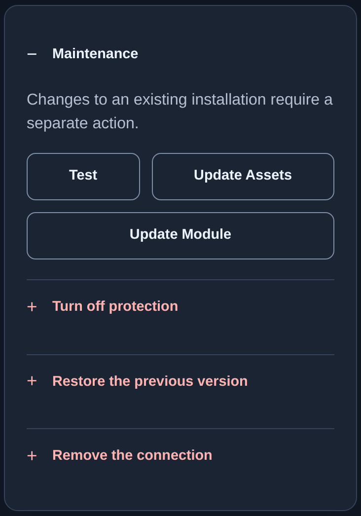 Maintenance: test, updates and expandable actions