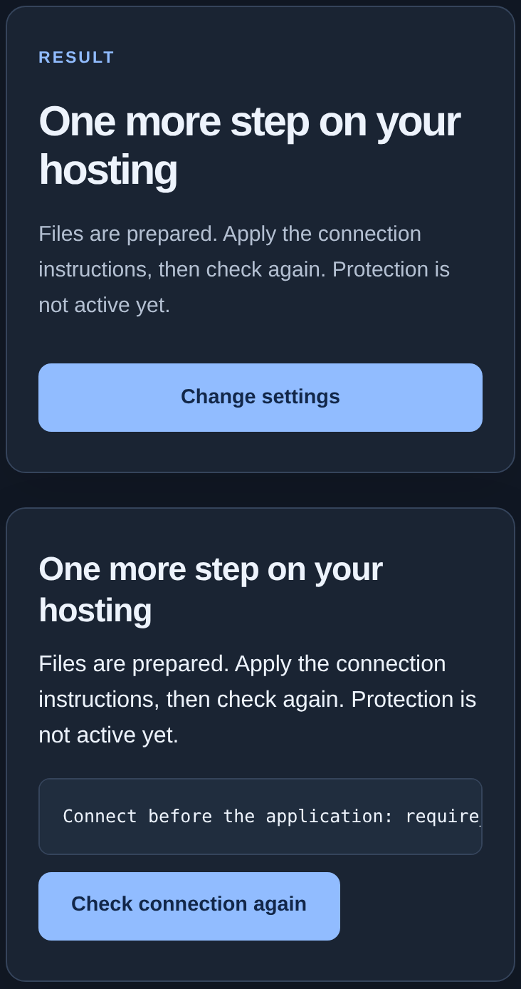 One more hosting step and Check connection again button — mobile view