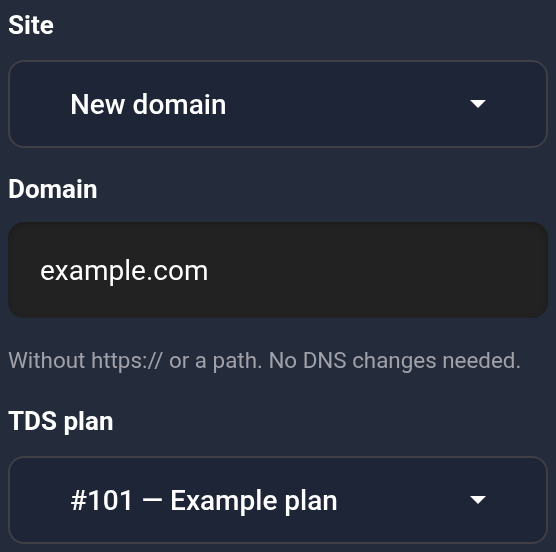 Domain example.com and plan #101 — mobile view