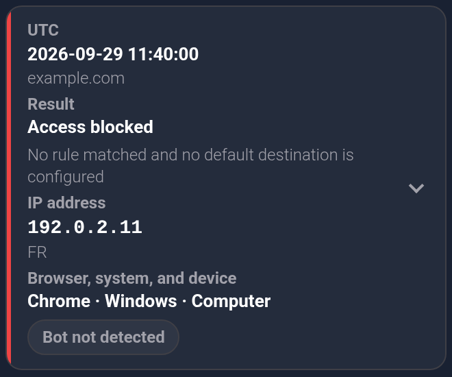 Access blocked without a bot flag: no rule matched and no default destination