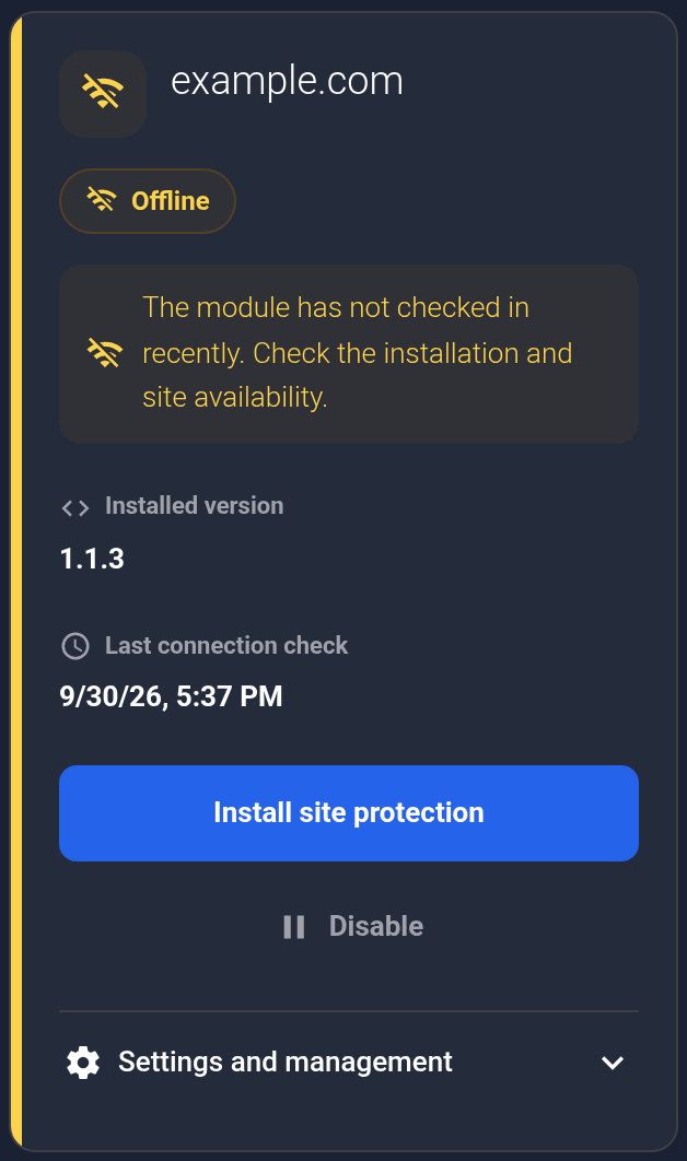 example.com card: Offline and troubleshooting guidance