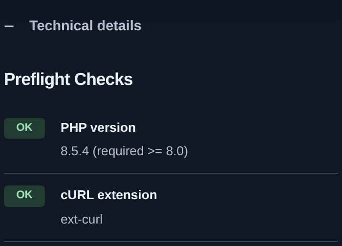 Technical details: PHP version and cURL extension checks