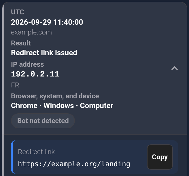 Visit history: Redirect link issued