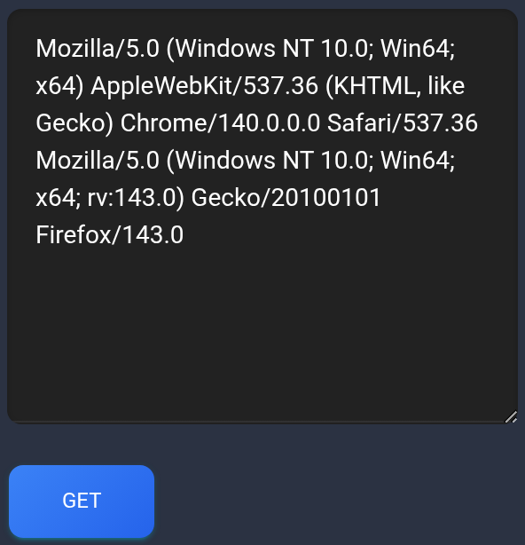 Two example User-Agent strings in the result field and the Get button