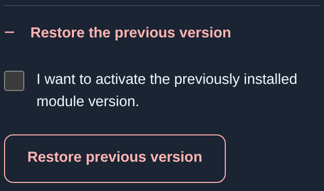 Restore the previous version, confirmation and button