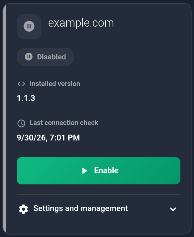 example.com card: Disabled and Enable button