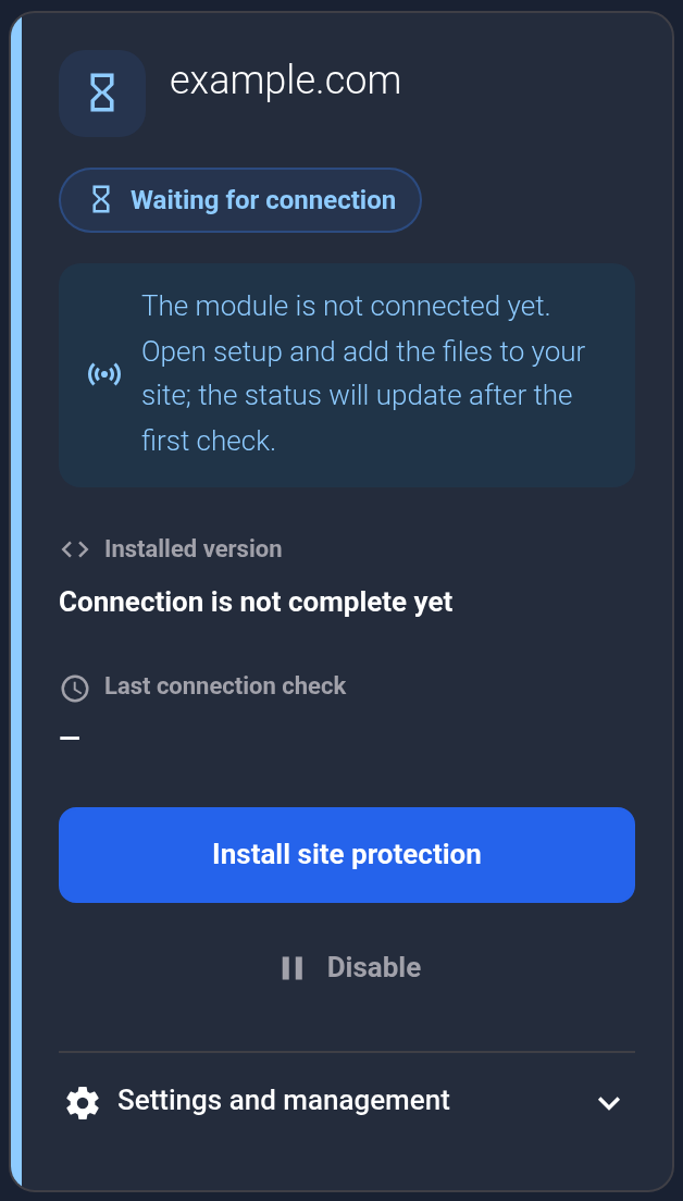 The example.com card is waiting for the module connection — mobile view
