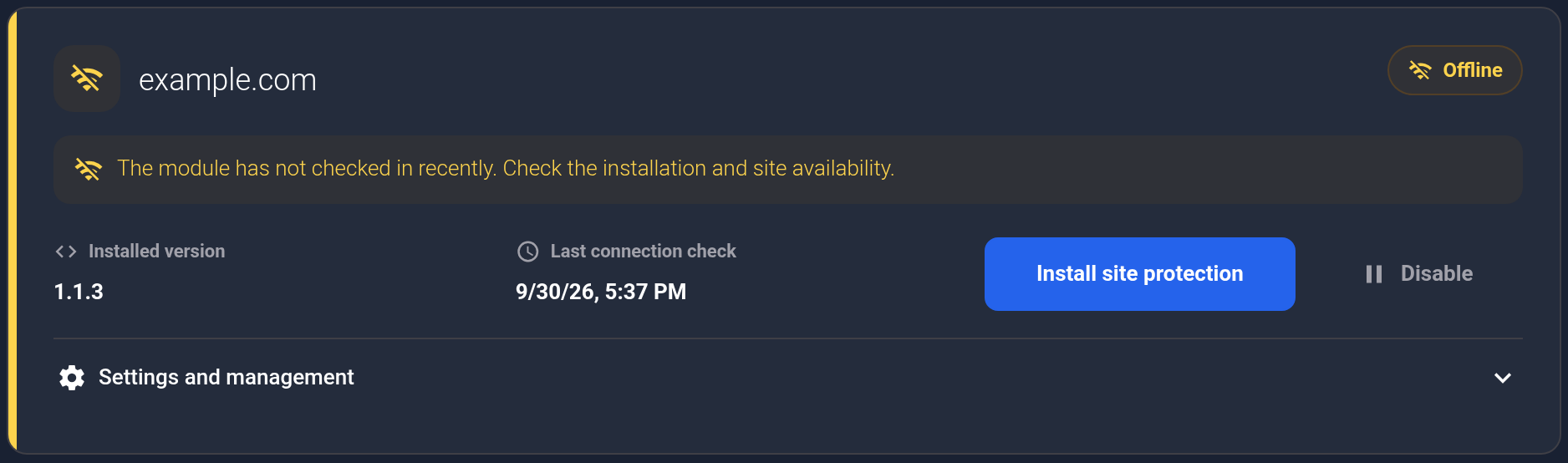example.com card: Offline and troubleshooting guidance