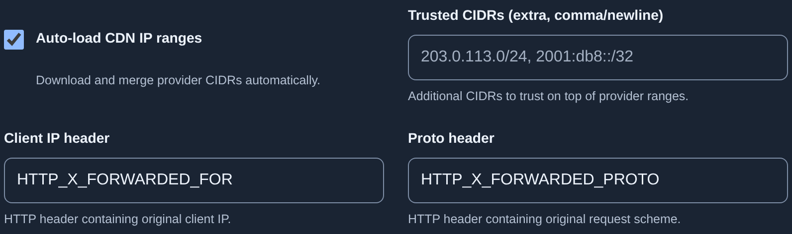 Trusted CIDRs, client IP header and protocol header settings
