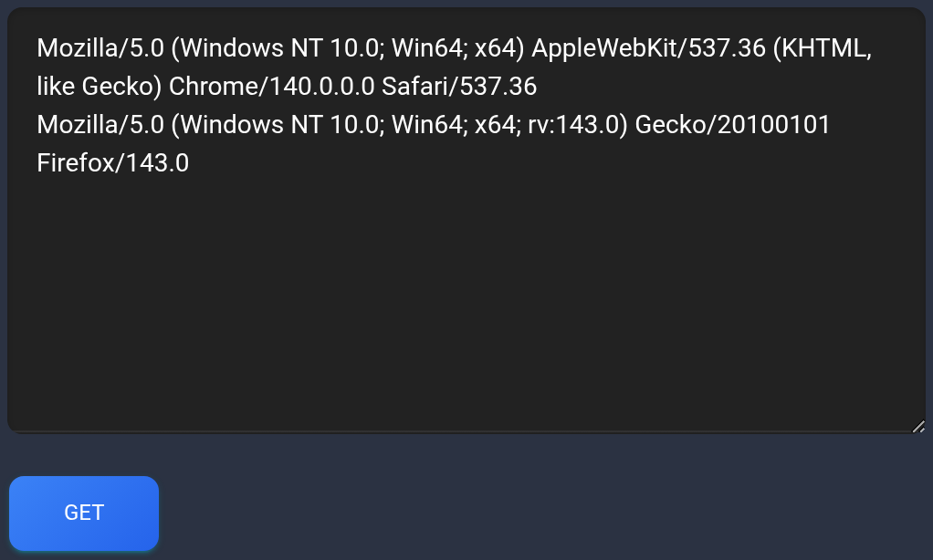 Two example User-Agent strings in the result field and the Get button