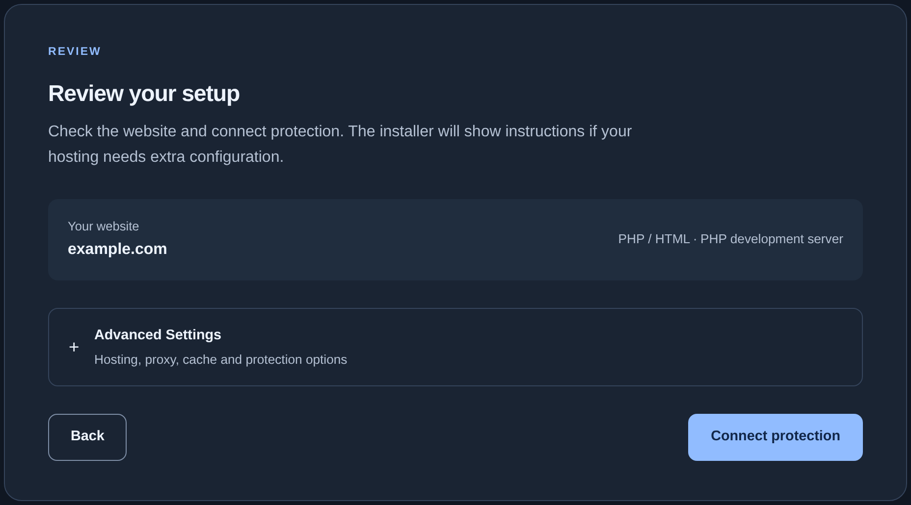 Review your setup and Connect protection button