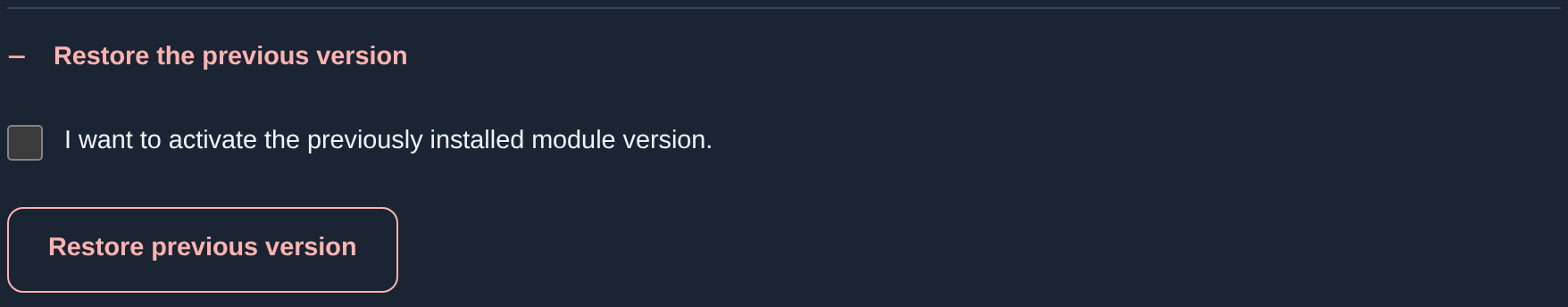 Restore the previous version, confirmation and button