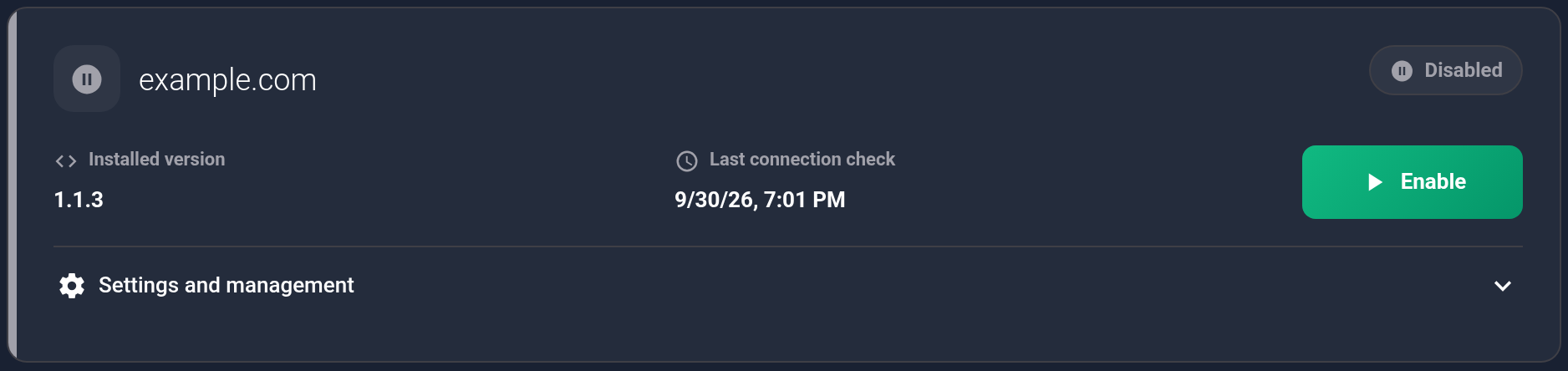 example.com card: Disabled and Enable button
