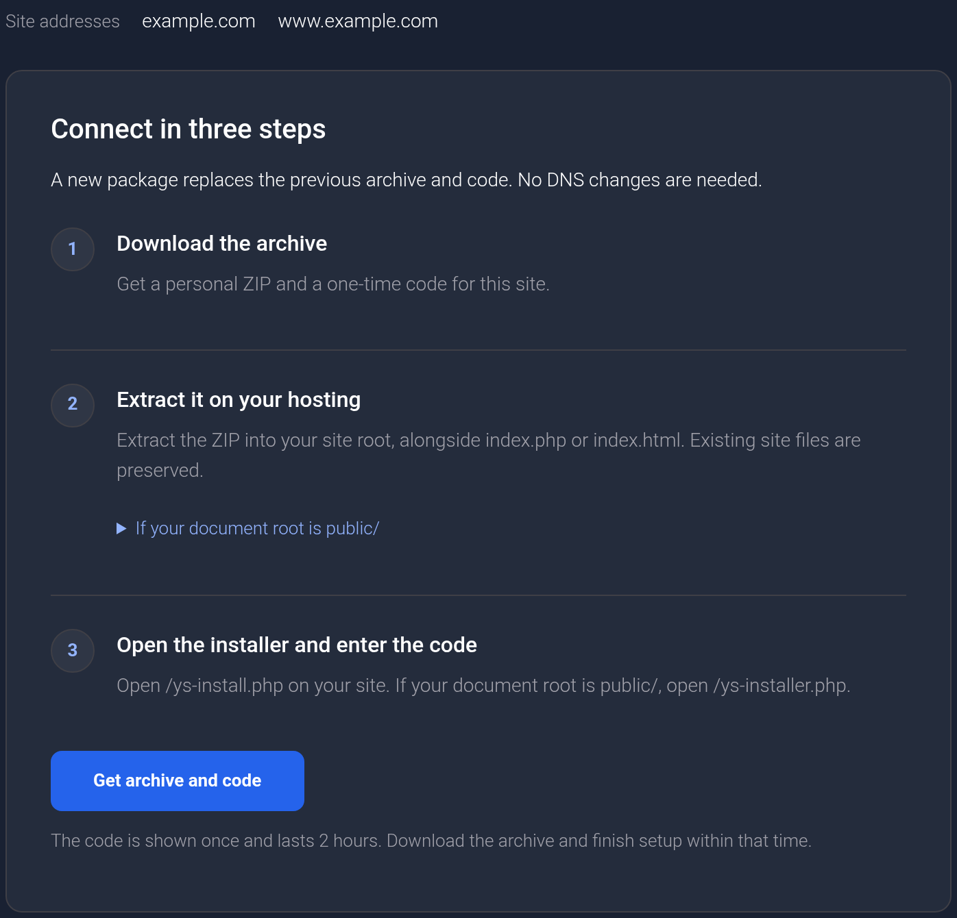 Three connection steps and Get archive and code button