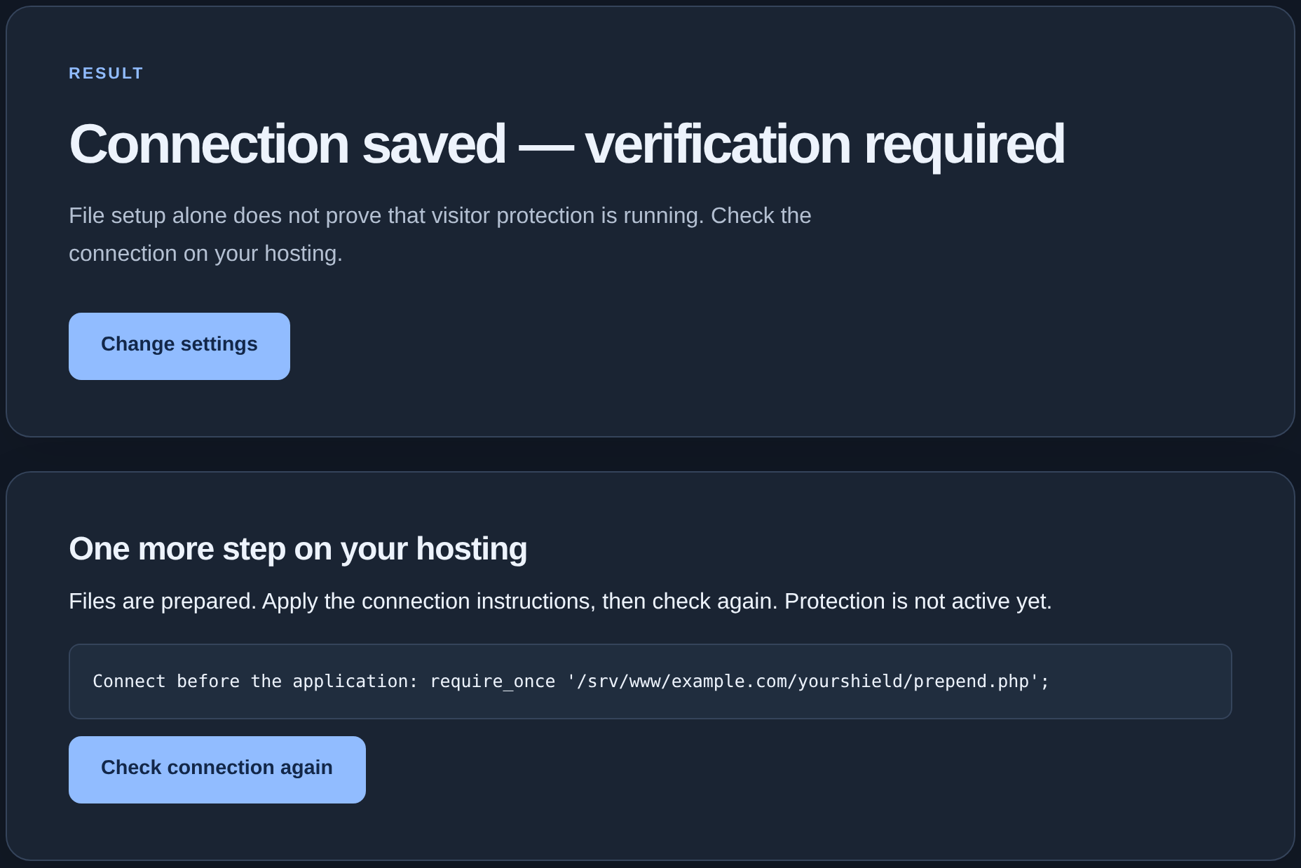 Wizard: Connection saved, verification required and the recheck button