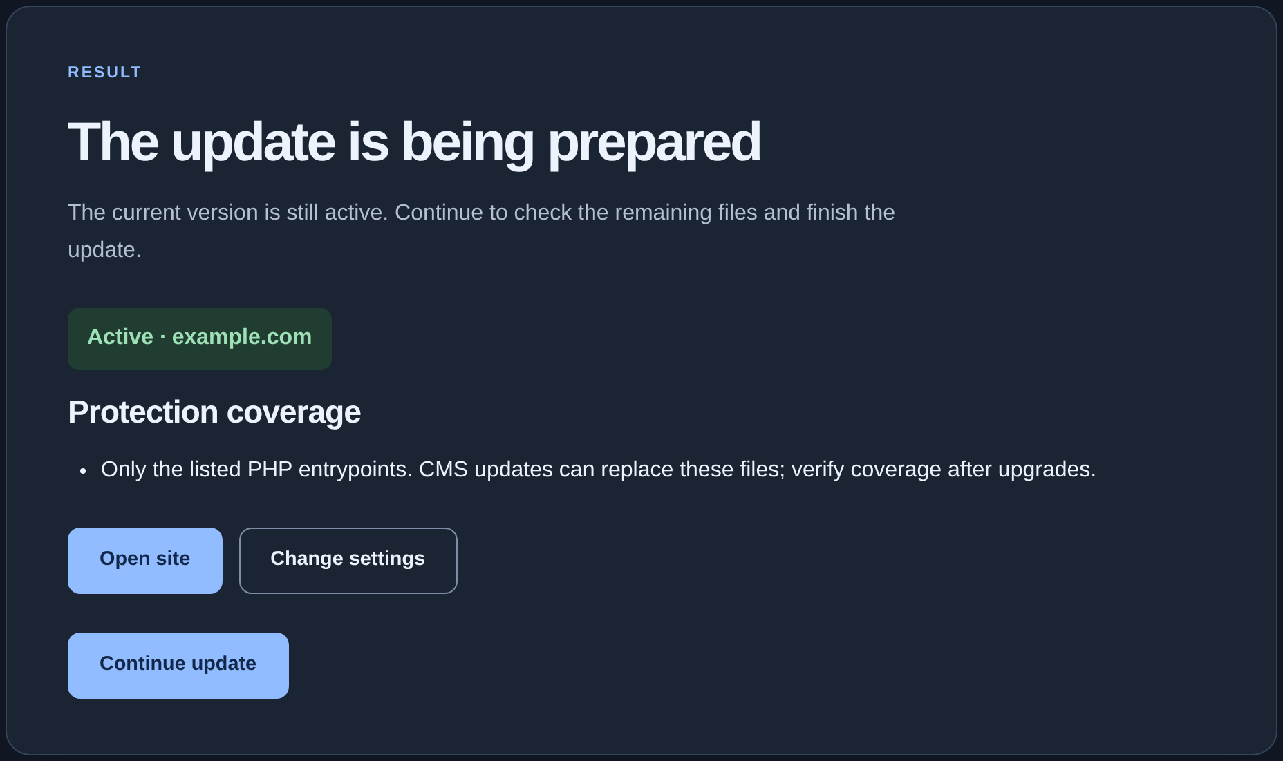 Wizard: The update is being prepared and Continue update