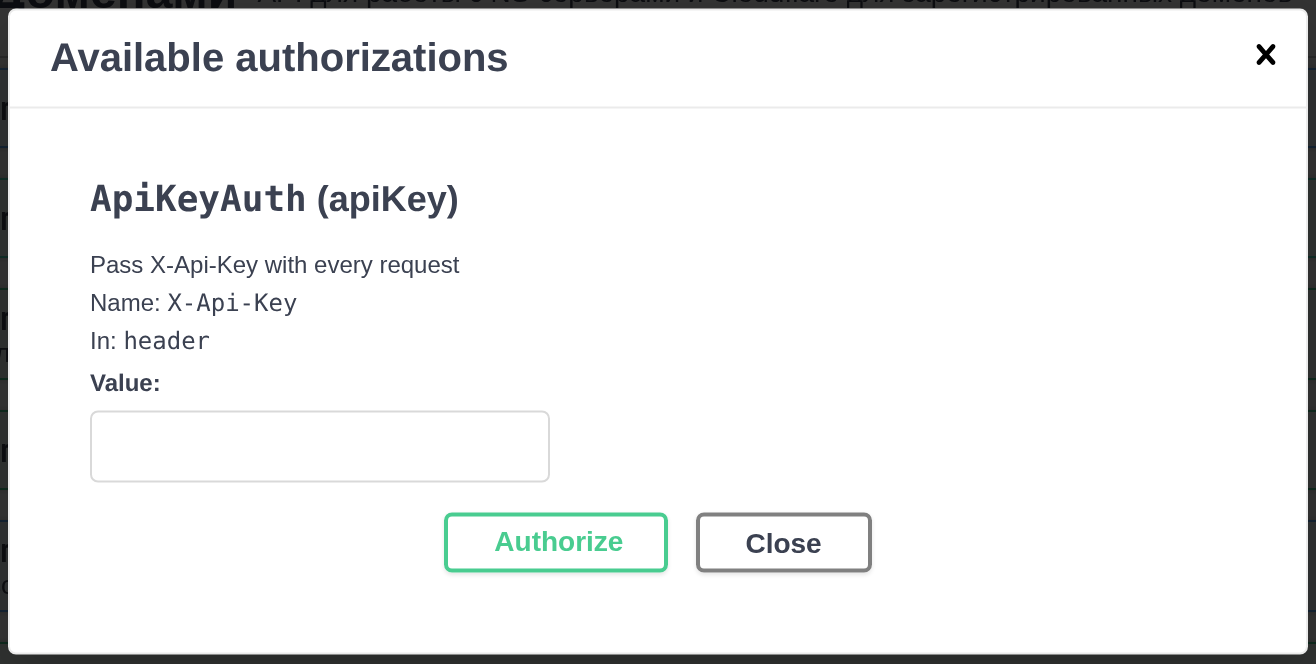 Окно сведений об авторизации Swagger: X-Api-Key в заголовке, поле пустое