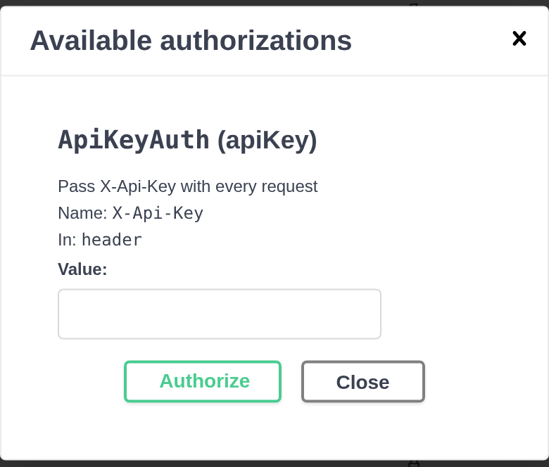 Окно сведений об авторизации Swagger: X-Api-Key в заголовке, поле пустое
