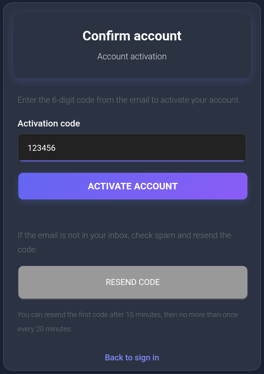 Confirm account: a six-digit Activation code, Activate account and Resend code. The code is an example.