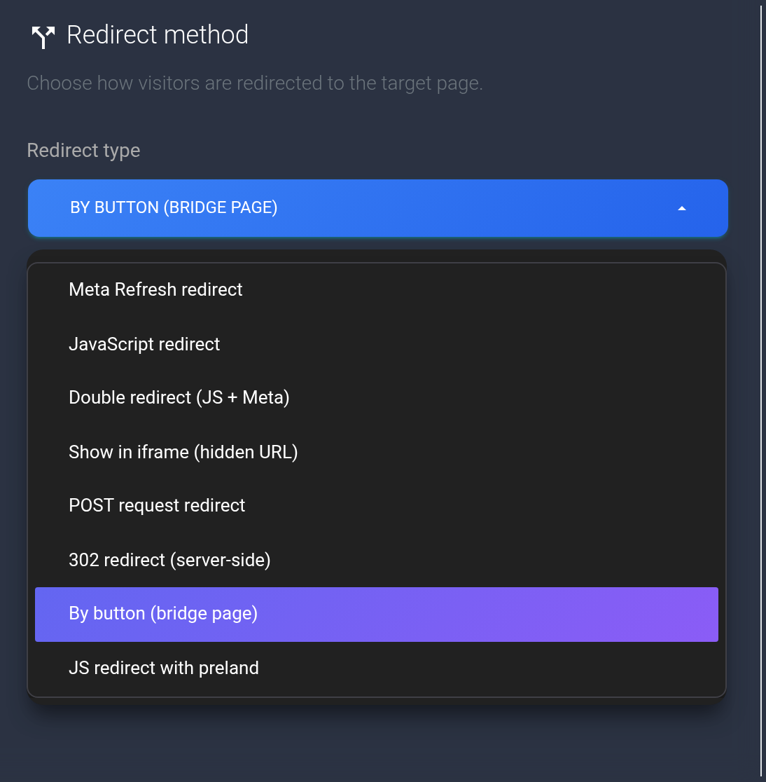 List of eight redirect methods in plan settings