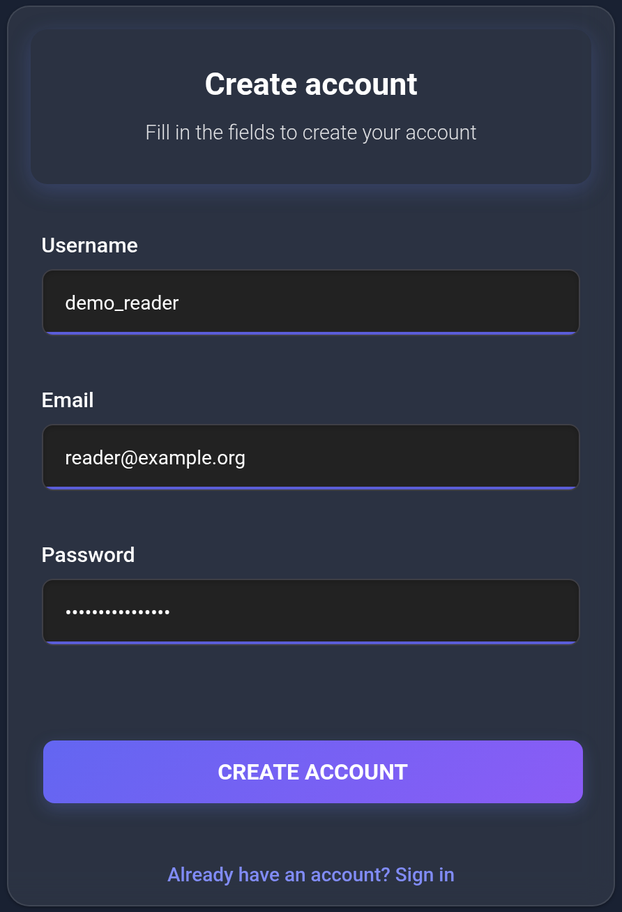 Native KEHR Create account form: Username, Email, Password and Create account. The details are examples.