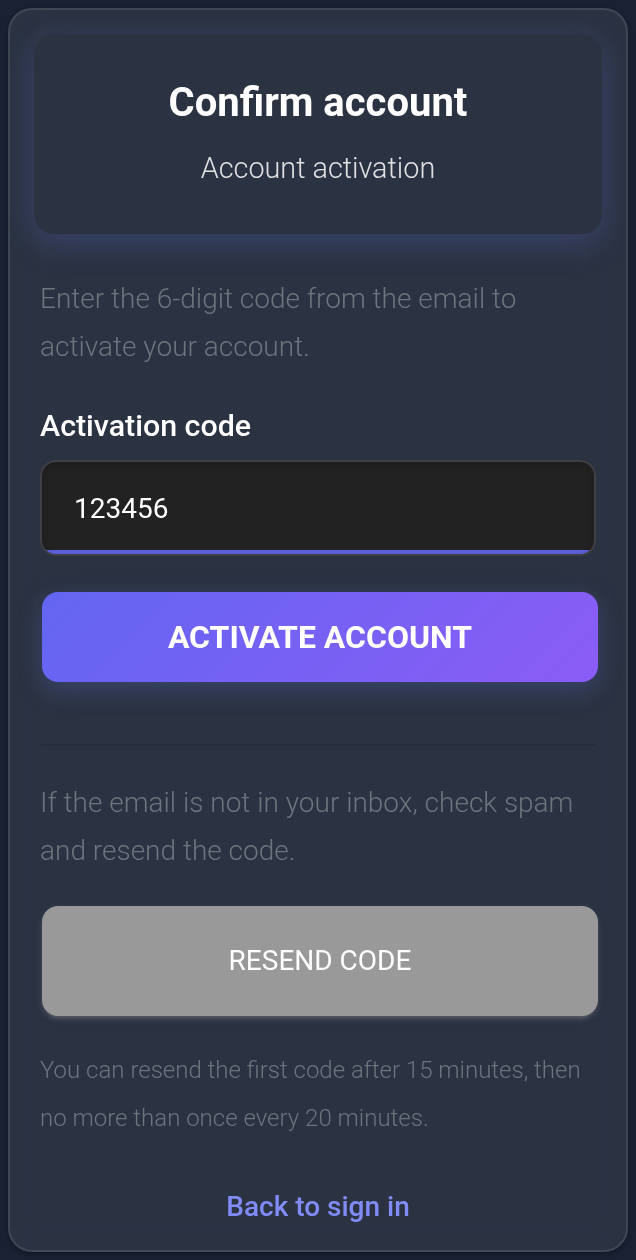 Confirm account: a six-digit Activation code, Activate account and Resend code. The code is an example.