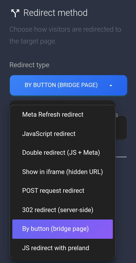 List of eight redirect methods in plan settings