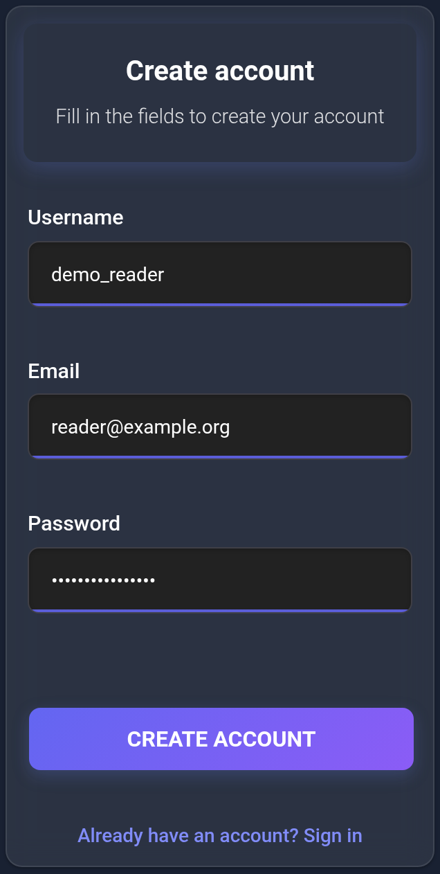 Native KEHR Create account form: Username, Email, Password and Create account. The details are examples.